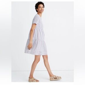 Madewell Striped Crewneck‎ Button-Front Tiered Mini Dress, M